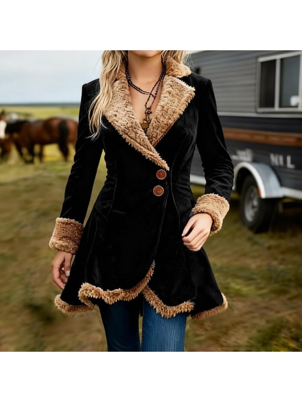 Women's Black Faux Leather Long Sleeve Casual Outfits Slim Fit Fleece Jackets - Picture 4 of 5
